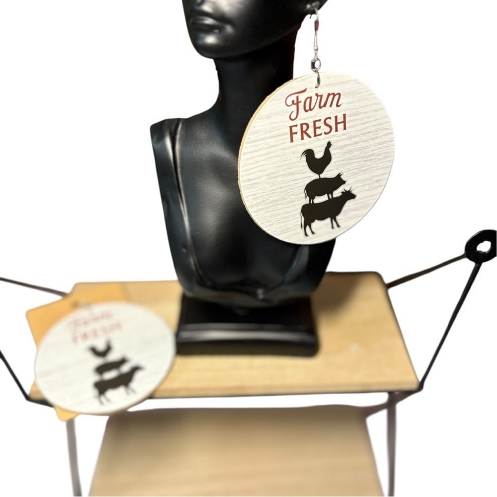 'Farm Fresh' Animal Design Earrings. Black, Red And White. New